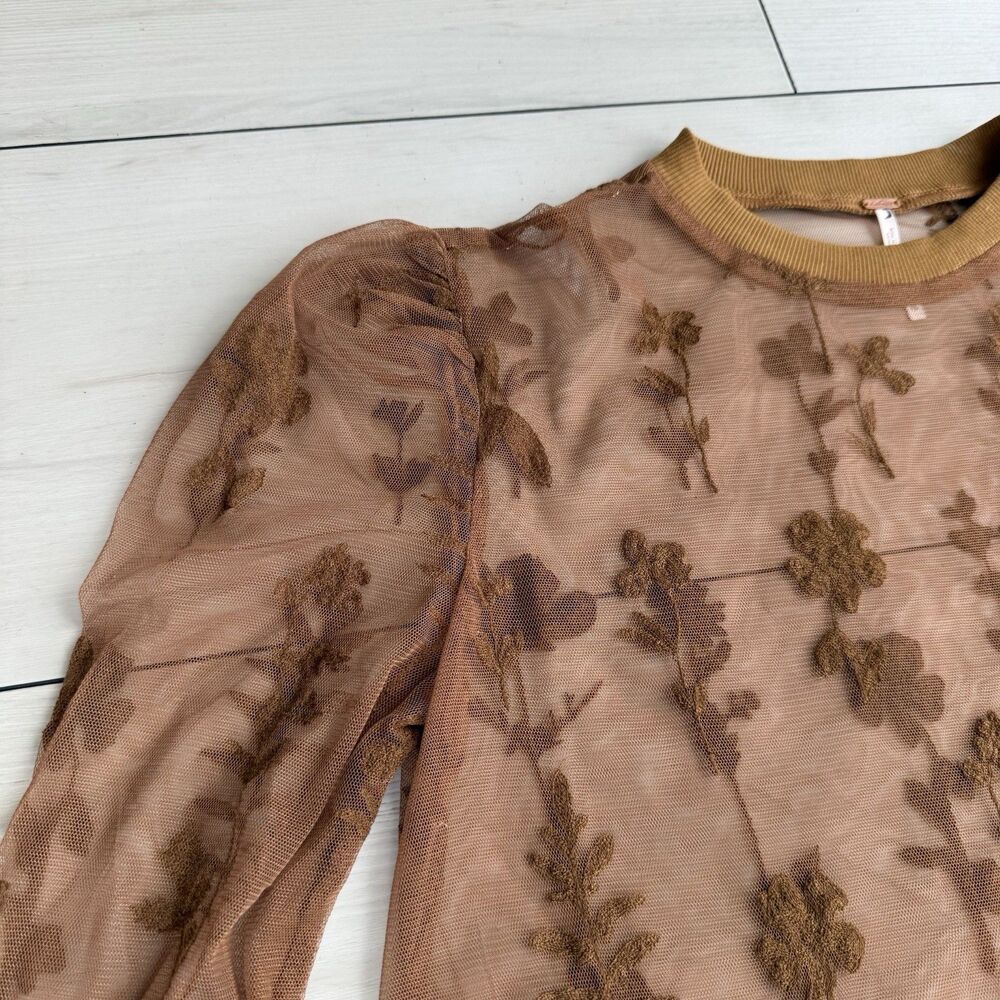 Free People Celina Brown Sheer Lace Mini Dress Womens XS Long sleeve Embroidered - Picture 4 of 13